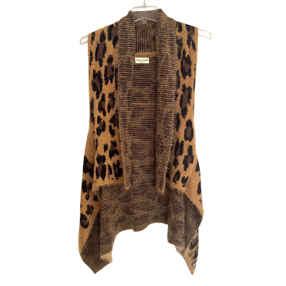 Sage & Flower Leopard Print Knit Vest Open Front Fuzzy Eyelash Sleeveless‎